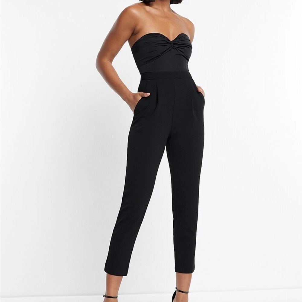 NEW EXPRESS $118 BLACK OFF THE SHOULDER REMOVABLE PUFF SLEEVE JUMPSUIT SZ 12 - Picture 3 of 11
